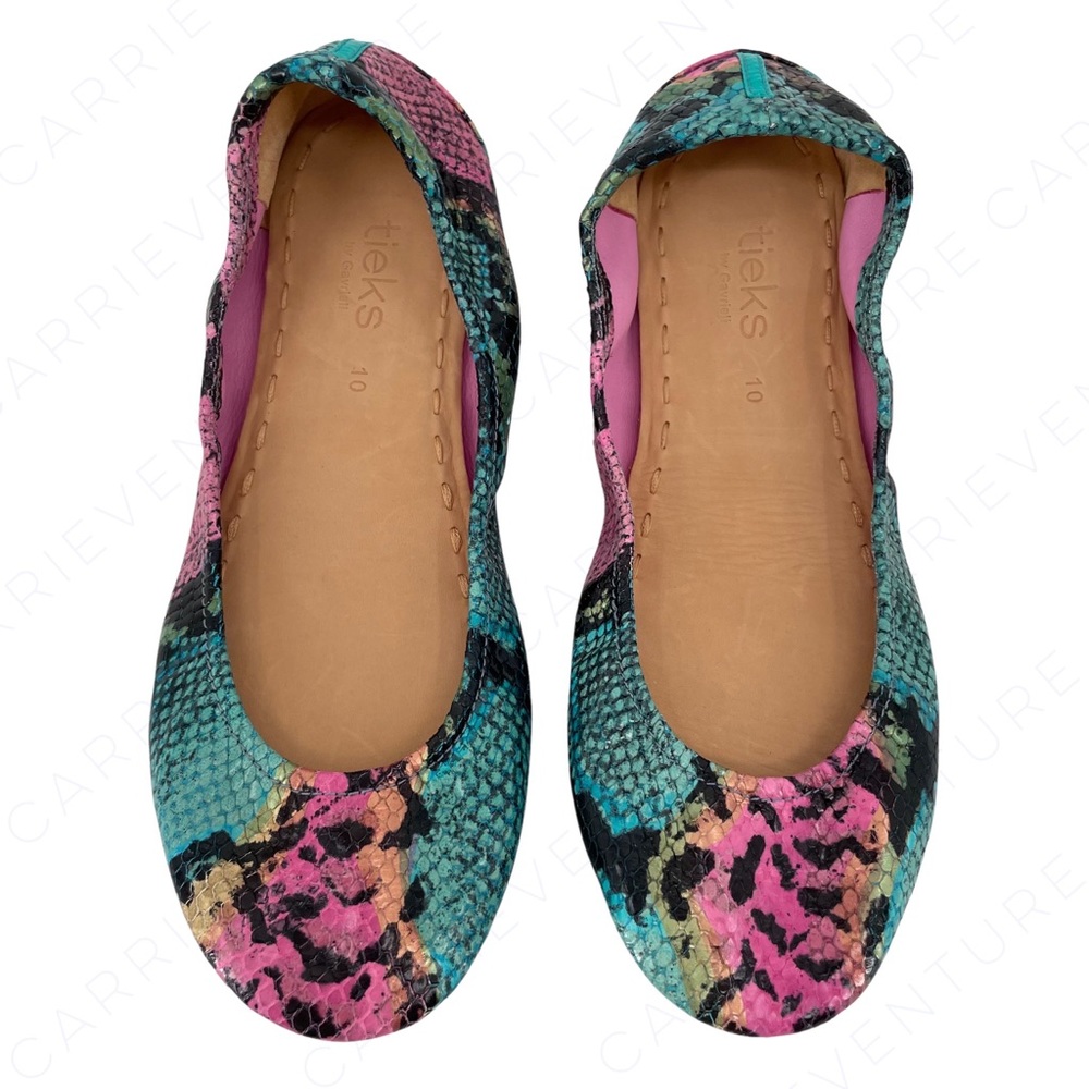 Tieks Electric Snake Leather Ballet Flats Snakeskin Python Print Neon Shoes 10